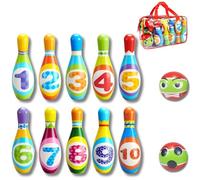 JUEGO DE BOLOS INFANTILES - Incluye Bolsa de Transporte - BLANDOS Y SEGUROS - Juguetes niños 3 años a 8 -10 Bolos de GOMAESPUMA de 19cm + 2 pelotas - Regalo para niños 3 años a 8 - Bowling- GRANDE