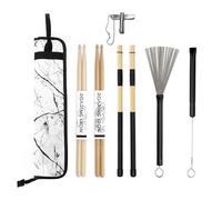 Juego de bolsa de cuero para baquetas con patrón de mármol con baquetas de nogal 5A, baquetas de arce 5A, cepillos de tambor, palos de rute y llave de tambor