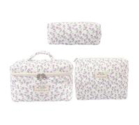 Juego de bolsas de maquillaje floral de 3pcs, bolsa de maquillaje acolchado portátil suave de algodón de algodón con cremallera con cremallera y manija, bolsa cosmética floral para la bolsa del