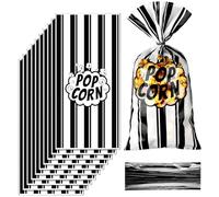 Juego de bolsas de palomitas de maíz, 200 bolsas clásicas de palomitas de maíz a rayas blancas y negras con 200 lazos giratorios, ideales para noches de cine, fiestas y aperitivos, convenientes