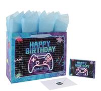Juego de bolsas de regalo de cumpleaños grandes de 13 pulgadas con asas, tarjeta de felicitación, papeles de seda y calcomanías para niños, niñas, adolescentes, hombres y mujeres, diseño de juego, 1