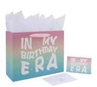 Juego de bolsas de regalo de cumpleaños grandes de 33 cm con asas, tarjeta de felicitación, papeles de seda y calcomanías para niñas, mujeres, niños y adolescentes, diseño In My Birthday Era, 1 unidad