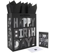 Juego de bolsas de regalo de cumpleaños grandes negras de 13 pulgadas con asas, tarjeta de felicitación, papeles de seda y calcomanías para mujeres, hombres, niñas, niños y adolescentes, diseño de