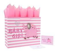 Juego de bolsas de regalo extra grandes de 16.5 pulgadas con asas, tarjeta de felicitación, papeles de seda rosas y calcomanías para baby shower, recién nacido, nuevas madres o padres, fiesta de