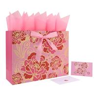 Juego de bolsas de regalo extra grandes de 16.5 pulgadas con tarjeta de felicitación y papel de seda (flores trazadas de aluminio) para celebrar cumpleaños, día de la madre, bodas, aniversario, día de