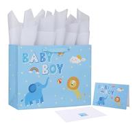 Juego de bolsas de regalo grandes azules de 13 pulgadas con tarjeta de felicitación y papel de seda (diseño de elefante y león) para bebé, baby shower, fiesta de cumpleaños infantil, recién nacidos,