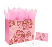 Juego de bolsas de regalo grandes de 13 pulgadas con tarjeta de felicitación y papel de seda (flores trazadas de aluminio) para celebrar cumpleaños, día de San Valentín, bodas, aniversarios, día de la