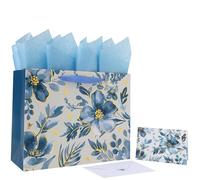Juego de bolsas de regalo grandes de flores azules de 13 pulgadas con asas, tarjeta de felicitación, papeles de seda y calcomanías para mujeres y niñas, para cumpleaños, día de San Valentín, boda,
