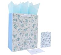 Juego de bolsas de regalo grandes de flores azules de 13 pulgadas con asas, tarjeta de felicitación, papeles de seda y calcomanías para mujeres y niñas, para cumpleaños, boda, aniversario y día de la