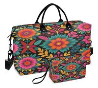 Juego de bolsas de viaje acolchadas con ondas ultrasónicas, acolchadas, portátiles para todas las estaciones, Patrón de bordado floral de arte popular mexicano, one size, Retro