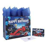 Juego de bolsas grandes de regalo de cumpleaños azul de 13 pulgadas con asas, tarjeta de felicitación, papeles de seda y calcomanías para niños, hombres, niños, adolescentes, diseño de coche, 1 unidad