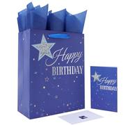 Juego de bolsas grandes de regalo de cumpleaños azul de 13 pulgadas con asas, tarjeta de felicitación, papeles de seda y calcomanías para hombres, mujeres, niños, niñas, adolescentes, diseño de