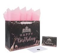 Juego de bolsas grandes de regalo de cumpleaños negras de 13 pulgadas con asas, tarjeta de felicitación, papeles de seda y calcomanías para niñas, mujeres, niños, adolescentes, diseño de tiara, 1
