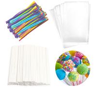 Juego de bolsas para golosinas con forma de piruleta, incluye 100 bolsitas para paquetes, palitos de papel y bridas met licas de colores para hac