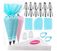 Juego de boquillas de tubería, 100 bolsas desechables de 12 pulgadas, 12 boquillas grandes, 2 bolsas de glaseado reutilizables, 2 acopladores, 2 lazos de bolsa y 3 raspadores de pasteles, puntas de