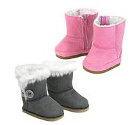 Juego de botas de muñeca | Bota Ewe de ante rosa y piel gris con botón, zapatos de muñeca de 18 pulgadas para muñecas American Girl de 18 pulgadas