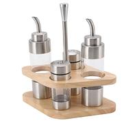 Juego de botellas de condimento, botellas translúcidas de acero inoxidable con estante de madera, organización de encimera, herramientas de frescura para cocina