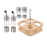 Juego de botellas de condimento de acero inoxidable, botellas translúcidas con estante de madera, almacenamiento de condimentos de cocina con vidrio y base, elegante diseño de