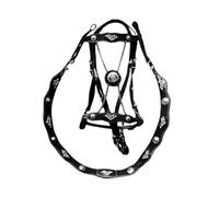 Juego de bridas de cuero seguro, cómoda correa de tracción para caballos con cubierta de jaula metálica, equipo de entrenamiento ecuestre para entusiastas (Black)