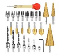 Juego de brocas de 26 piezas para carpintería y perforación de madera, plástico y metales blandos con expulsión eficiente de virutas (juego de 23 piezas)
