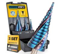 Juego de brocas escalonadas (diámetro 4-12 + 4 - 20 + 4-32 mm/3 unidades, brocas cónicas profesionales para metal, HSS-E Co 5% / Yunque PowerStep 3 TiAlSiN Blue Nano Guard/para acero, acero inoxidable