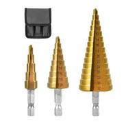 Juego de brocas escalonadas triangulares de metal de 3 piezas con funda de nailon negra, juego de brocas escalonadas, cortador de cabeza cónica, broca para leña, divisor de madera, juego de brocas
