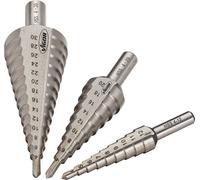 Juego de brocas escalonadas ViGOR HSS V1707, compuesto por V2394 (4-12 mm), V2395 (4-20 mm), V2396 (4-30 mm), para taladrado de precisión en metal, plástico y madera, rango de diámetros 4-30 mm