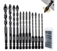 Juego de Brocas para Azulejos 12 Piezas, Broca Porcelánico con Vástago Hexagonal 1/4", Punta de Carburo en Cruz 4 Filos para Vidrio Cerámica Hormigón Ladrillo Madera, Tamaños 3mm 4mm 5mm 6mm 8mm 10mm