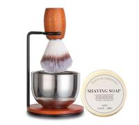 Juego de brochas de afeitar para hombre, 4 brochas de afeitar con mango de madera con jabón de afeitar, soporte y cuenco de acero