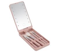 Juego de brochas de maquillaje de viaje, mini juego de brochas de maquillaje de 5 piezas con estuche y espejo de maquillaje LED, kit de brochas cosméticas de función completa