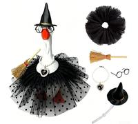 Juego de bruja de Halloween para estatua de ganso de 7 pulgadas, kit de disfraz de gnomo de jardín espeluznante con sombrero en miniatura y accesorios de escoba, bonita decoración de patio