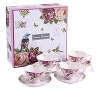Juego de café compuesto de 4 tazas y 4 platos, perfecto para el té, diseño vintage y elegante, en porcelana, disponible en motivos florales y de mari