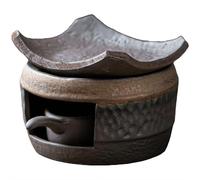 Juego de calentador de estufa de té de cerámica, hecho a mano, quemador de aromaterapia zen de cedro rústico vintage para tetera, vela, calentamiento de cera, aceite esencial, fragancia, meditación