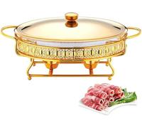 Juego de Calentadores de bufé y escalfadores Redondos de Acero Inoxidable con Bandeja para Agua, Bandeja para Comida, Soporte para Combustible y Tapa para bufés(Gold 2L)