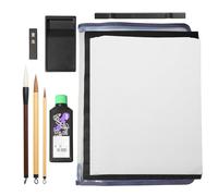 Juego de caligrafía japonesa de 9 piezas | Bolígrafo de caligrafía Shodo (tres pinceles) y papel, piedra de tinta y barra de tinta, base antideslizante, pisapapeles, con funda transparente (borde azul