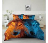 Juego de Cama 220 x 240 cm Mitología Animales Lobo Funda nórdica con 2 Funda de Almohada con Estampado de Cama de Microfibra para Adultos, niños y niñas, Azul Anaranjado