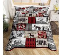 Juego de cama a cuadros con ciervos, alces, osos y lobos (160 x 220 cm) para niñas y niños. Funda nórdica