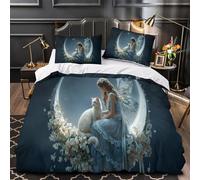 Juego De Cama Beautiful Woman and Her Gato Sitting on The Moon Impreso En 3D con Cremallera Funda De Edredón De,de Microfibra 3 Unidades para Adolescentes Super King（260x220cm）