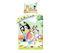 Juego de Cama Bluey 100% algodón, Verde, Funda nórdica Reversible de 140 x 200 cm + Funda de Almohada, con Bluey, Bingo y Bandit