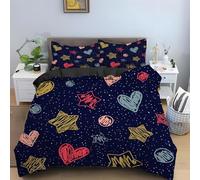 Juego de Cama con Estrellas y Corazones de Arcoíris para Niñas,Niños y Adolescentes,Funda Nórdica 260X240 con Estampado de Cielo Azul Marino,Funda de Edredón de Microfibra Suave y Transpirable,J