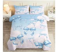 Juego de cama con lazo azul para niñas y adolescentes, 200 x 200 cm | Funda nórdica con lazo de nubes de microfibra suave y transpirable, cremallera oculta y 2 fundas de almohada de 65 x 65 cm