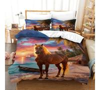 Juego De Cama con Motivo Caballo En 3D Funda Nórdica Playa al Atardecer Microfibra con Cremallera Y Funda Almohada para Familiar Y Niños Single（140x200cm）