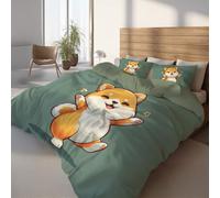 Juego de Cama de Anime Impresión, Azul Medianoche Microfibra Suave Funda de edredón, Shiba Inu Bailando Funda Nordica para Niños Chico Adolescente 200 x 200 cm+2 Fundas de Almohada 50x75