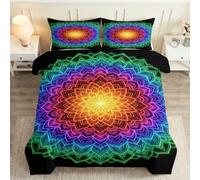 Juego de cama de mandala psicodélico Arc ciel, 200 x 200 cm, cama para 2 | Funda nórdica de flores bohemias de microfibra cepillada ultra suave, cremallera oculta y 2 fundas de almohada de 65 x 65 cm