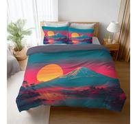 Juego de Cama de Pintura Impresión, Rosa Magenta Microfibra Suave Funda de edredón, Monte Fuji Atardecer Lago Funda Nordica para Niños Chico Adolescente 135 x 200 cm + 1 Funda de Almohada 50x75