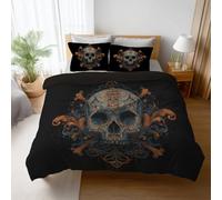 Juego de Cama de Vintage Impresión, Oro Microfibra Suave Funda de edredón, Refinado Calavera Y Huesos Cruzados Funda Nordica para Niños Chico Adolescente 220 x 240 cm + 2 Fundas de Almohada 50x75