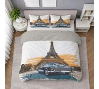 Juego de Cama de Vintage Impresión, Taupe Cálido Microfibra Suave Funda edredón, Tradicional Torre Eiffel Clásico Funda Nordica para Niños Chico Adolescente 260 x 240 cm + 2 Fundas de Almohada 65x65
