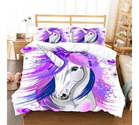 Juego de cama Dibujos Animados Unicornio Niño Negro Blanco Azul Púrpura 3D Animal Ropa de cama Unicornio Funda nórdica y Funda de almohada (180x220 cm - Cama 105/90 cm, Color 4)