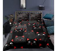 Juego de Cama Gato Animados 3D Negro Gris Rosa Gatito Funda Nórdica Estampado 3D Microfibra Niña Mujer Bedding Funda de Edredón y Funda de Almohada 50x75 cm (Negro, 150x210 cm,Cama 90 cm)