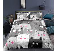 Juego de Cama Gato Animados 3D Negro Gris Rosa Gatito Funda Nórdica Estampado 3D Microfibra Niña Mujer Bedding Funda de Edredón y Funda de Almohada 50x75 cm (Gris, 150x210 cm,Cama 90 cm)